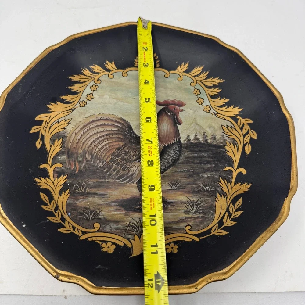 Vintage Hand Painted Rooster Toleware Decorative Plate Black Gold Scalloped 12